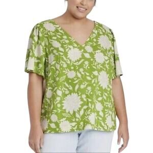 AVA & VIV Linen Blend Green Floral Top Short Sleeve Size 1X